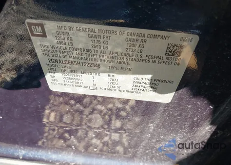 2017 Chevrolet Equinox Lt из США, поврежденный, VIN 2GNALCEK5H1522346